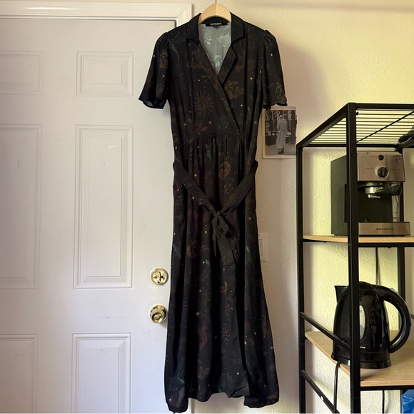 Disturbia black dragon astral cosmic space print viscose button up belted midi